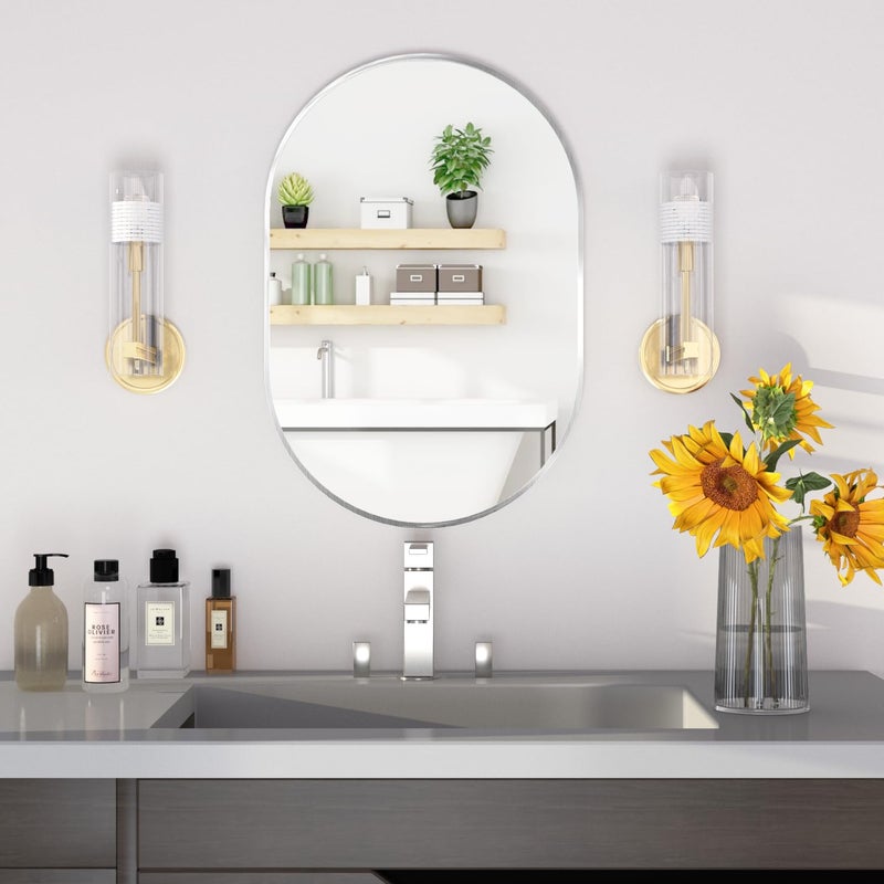 NEUWEABY Oval Bathroom Mirror Wall Vanity Oval Mirrors, 20"x30" Silver Bathroom Mirrors for Over Sink Pill Mirrors Capsule Wall Mounted Mirror, Modern Mirror with Metal Frame for Wall Decor - Image 3