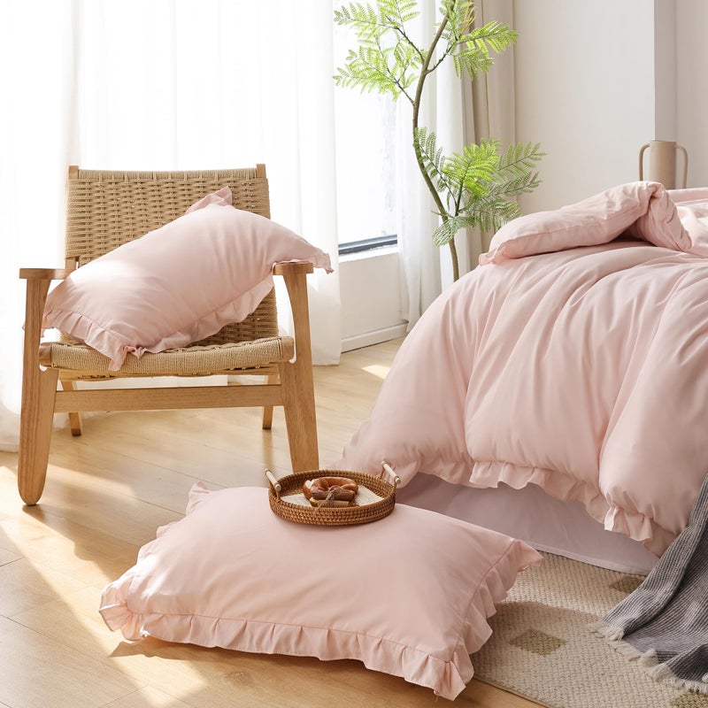 JANZAA Twin Comforter Set Pink Beding Set 2PCS (1 Ruffled Comforter Set and 1Pillow case) Fluffy Vintage Farmhouse Shabby Chic Bedding Soft All Season - Image 4