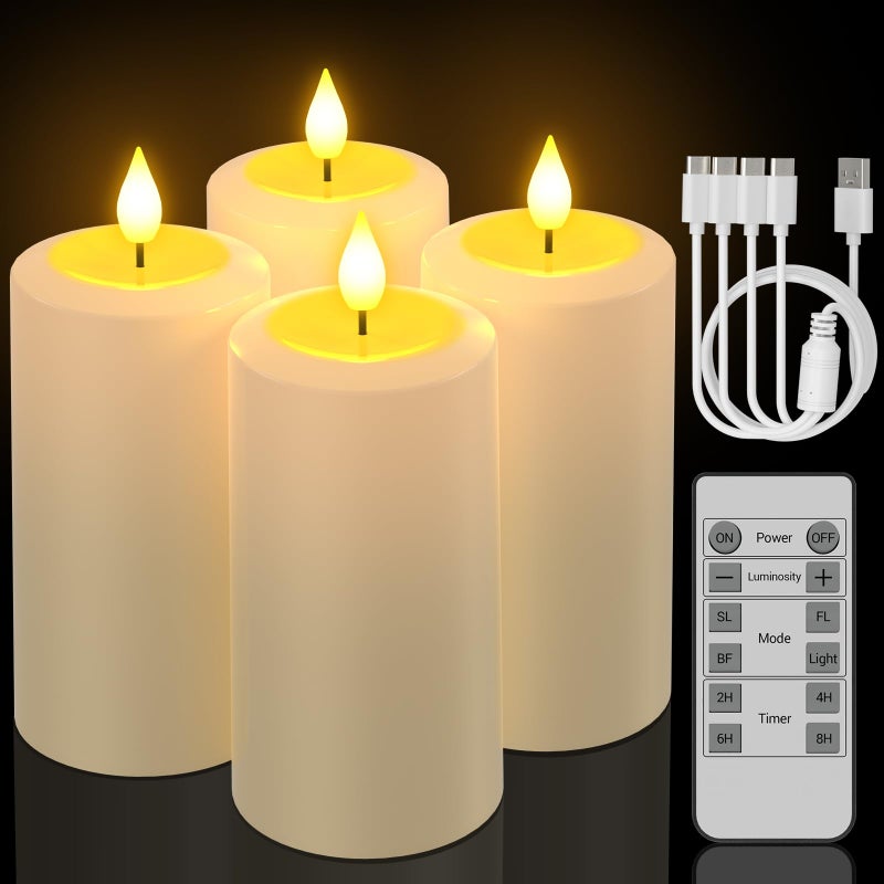 PChero Rechargeable Flameless Candles with Remote Timer 4 Packs 51 x 27 Outdoor Waterproof Battery Operated LED Flickering Electric Fake Pillar Candles for Lanterns Porch Patio Decor - Image 2