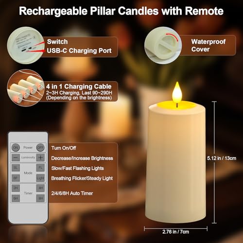 PChero Rechargeable Flameless Candles with Remote Timer 4 Packs 51 x 27 Outdoor Waterproof Battery Operated LED Flickering Electric Fake Pillar Candles for Lanterns Porch Patio Decor - Image 3