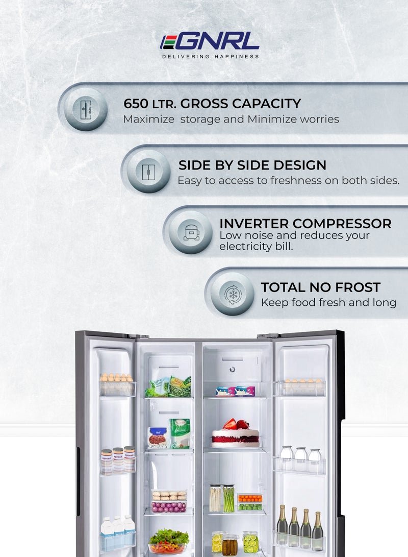 EGNRL 650L Capacity Side By Side Inverter Based Refrigerator-Freezer ‎With Digital Control And Temperature Display, No-Frost, LED-light EGR820S Dark Silver, One Year Warranty 650 L 185 W EGR820S Dark Silver Finish - Image 3