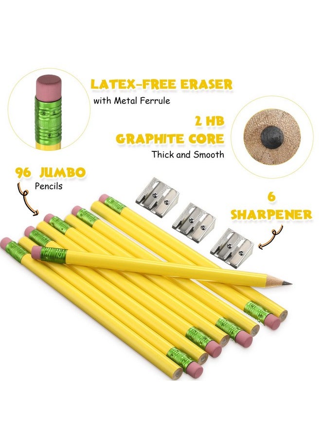 Fainne - 102 Pcs Bulk Jumbo Pencils And Sharpeners Set, Large Fat Pencils Thick Giant Big Pencils With Erasers For Kids Beginners Preschoolers Kindergarten School Office(Yellow, Round) - Image 1