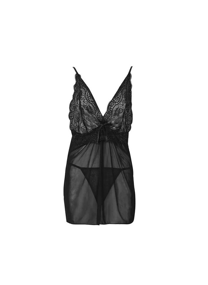 Generic - 1-Set Women's Fashion Deep V-neck Lace Stitching Nightdress,Lingerie Pajama Dress Set,Plus Size Homewear Nightgown,Colour Black - Image 1