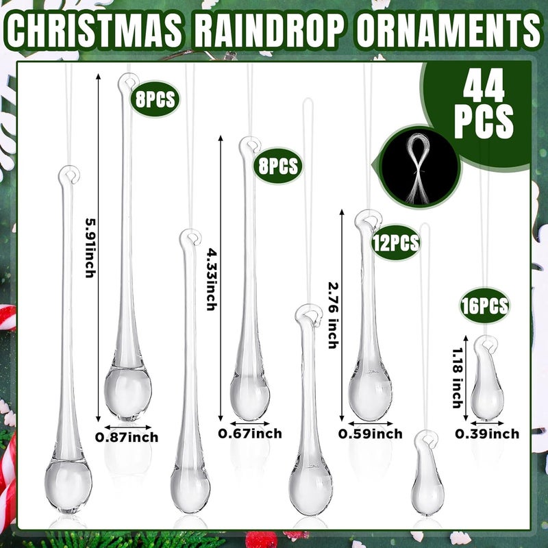 LOYIM 44 Pcs Clear Glass Teardrop Christmas Ornaments Crystal Raindrop Hanging Ornaments Crystal Chandelier Drop Pendant Icicles Decorations for Christmas Tree Winter Party Supplies (4 Medium Size) - Image 2
