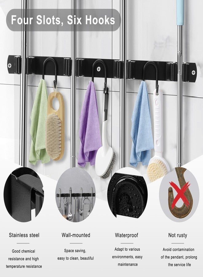 GUUKAR Mop Broom Holder Wall Mount, Black Stainless Steel Tool Storage Organizer for Kitchen Garden Garage Laundry Room Bathroom and RV with 4 Slots 6 Hooks - Image 3