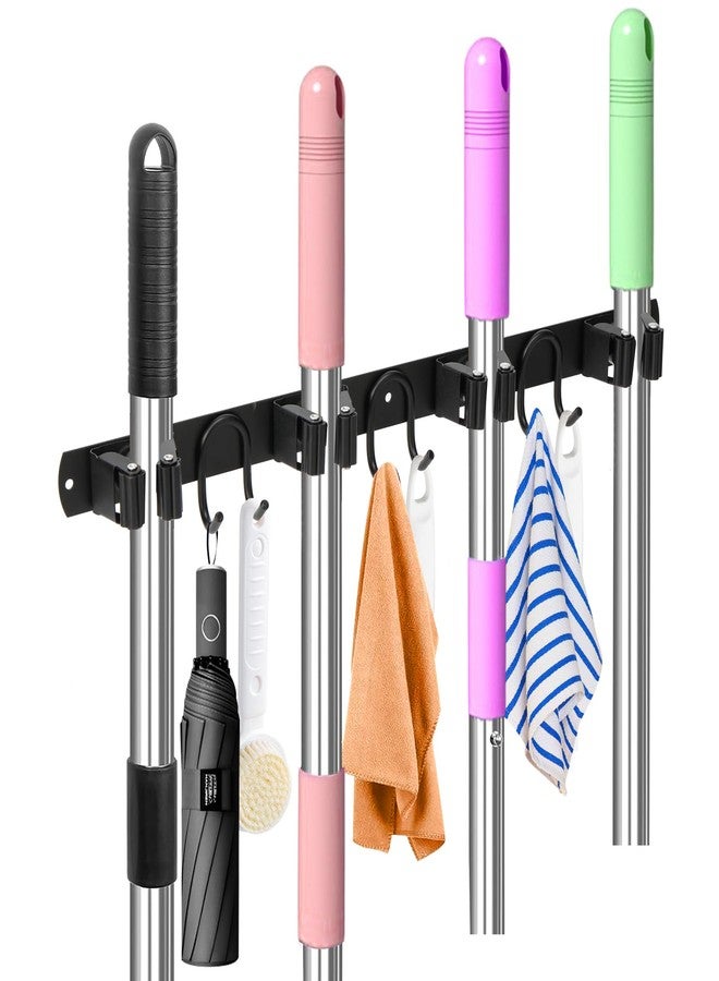 GUUKAR Mop Broom Holder Wall Mount, Black Stainless Steel Tool Storage Organizer for Kitchen Garden Garage Laundry Room Bathroom and RV with 4 Slots 6 Hooks - Image 2