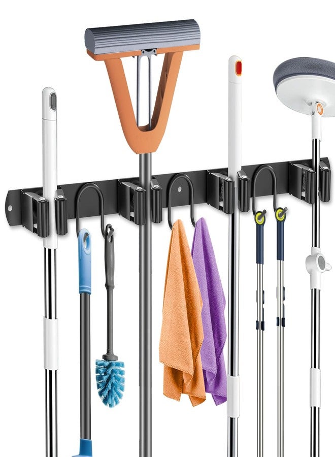 GUUKAR Mop Broom Holder Wall Mount, Black Stainless Steel Tool Storage Organizer for Kitchen Garden Garage Laundry Room Bathroom and RV with 4 Slots 6 Hooks - Image 1