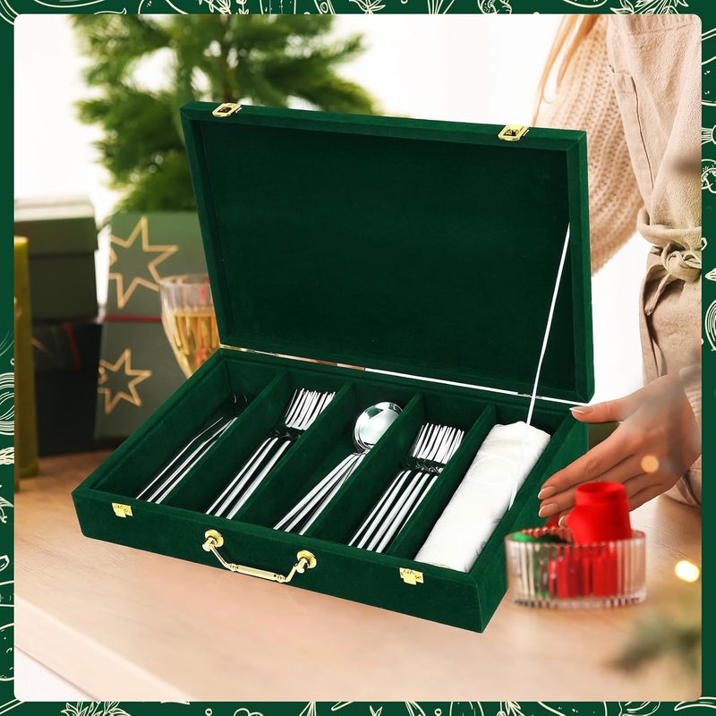 Pickmesh Silverware Case with Lid and Handle Silverware Storage Box Sterling Silver Flatware Chest Without Silver Tarnish Proof Utensils Organizer for Kitchen Elegant Decor Wedding GiftsEmerald - Image 5