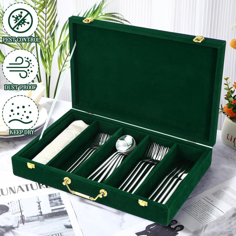 Pickmesh Silverware Case with Lid and Handle Silverware Storage Box Sterling Silver Flatware Chest Without Silver Tarnish Proof Utensils Organizer for Kitchen Elegant Decor Wedding GiftsEmerald - Image 2