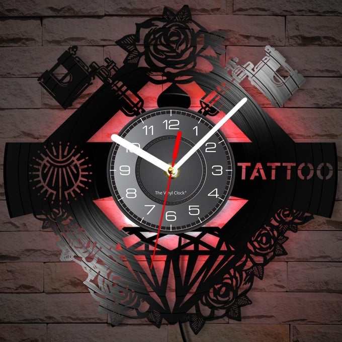 12 TATTOO STUDIO SIGN LED VINYL RECORD WALL CLOCK WITH 7 COLORS CHANGING SILENT HANGING NIGHT LIGHT FOR TATTOO SHOP DECOR HIPSTER MEN GIFT