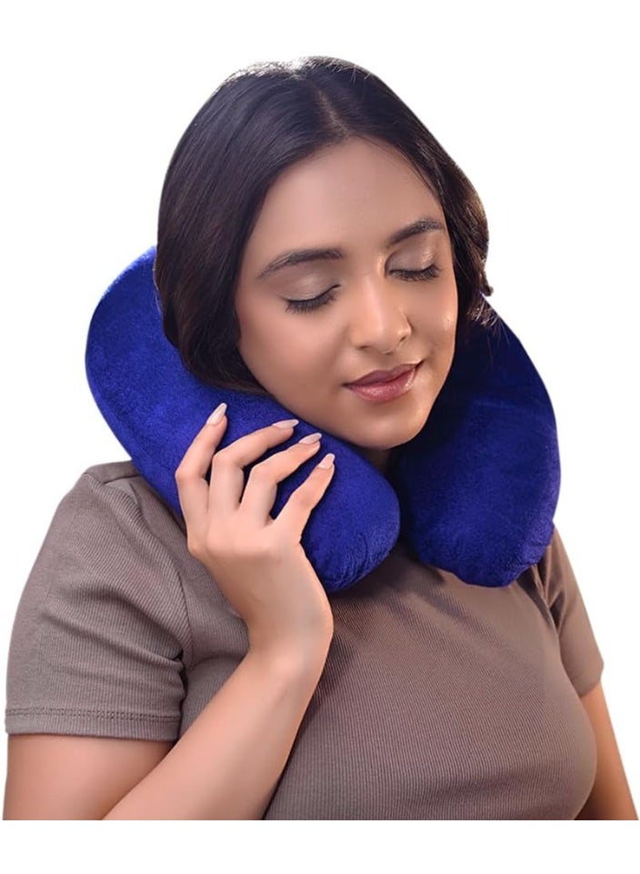 CareFoam Travel Neck Pillow – Lightweight Neck Support for Flight, Car & Train – Premium Velvet Cover, Blue – Comfortable Sleep for Men & Women - Image 1