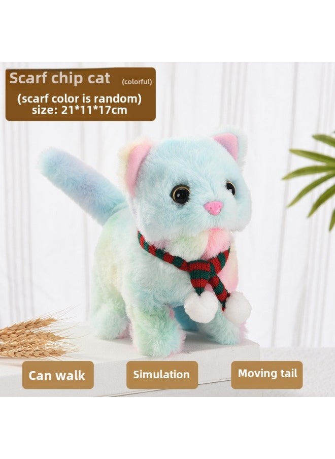 Plush Electric Cat Simulation Cry Will Walk Will Nod And Wag Tail Xiao Mao Toy Electronic Cat Girl Toy-Color:[simulation Call] Scarf Chip Cat (colorful)  - Image 1