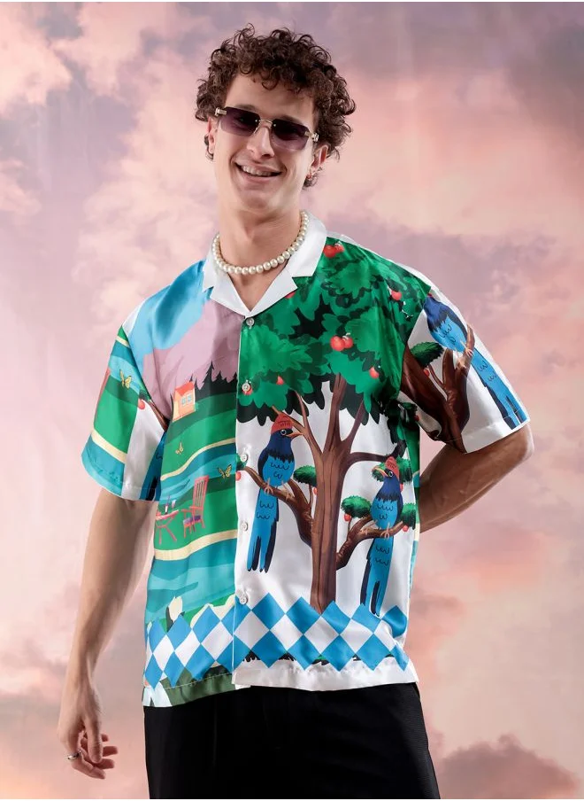 The Indian Garage Co Men Relaxed Fit Fauna Printed Half Sleeves Cuban Collar Resort Wear Shirt