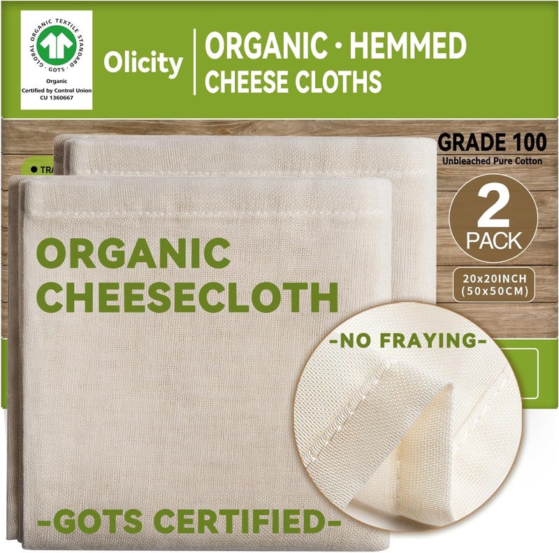 Olicity Organic Cheese Cloths, GOTS Certified, 2PCS, Grade 100, 20x20Inch Hemmed Cheese Cloth Reusable Muslin Cheesecloth for Straining, 100% Cotton Unbleached Fine Mesh Cloth Cheese Cloths for Cooking, Herbs - Image 1