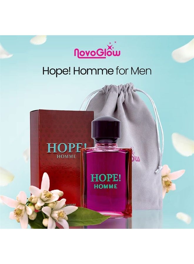NovoGlow Hope Homme for Men - 100ml Eau De Parfum Spray for Men - Spicy Floral & Intense Fragrance Warm Scent Lasts All Day Long Includes Carrying Pouch Gift for Men for All Occasions 