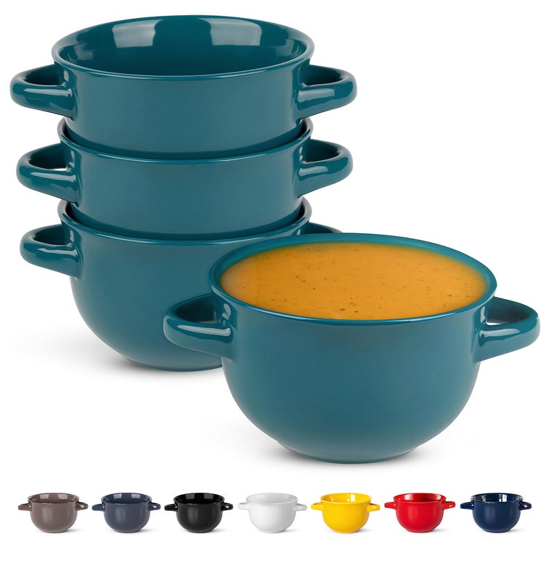 KooK French Onion Soup Bowls Crocks Oven Safe Bowls Soup Mugs Ceramic Bowls Dishwasher Microwave Set of 4 18 oz Teal