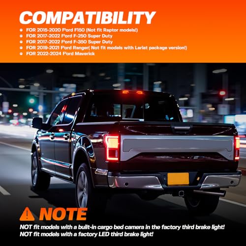 Mingrui test Led Third Brake Light for 15-20 F'ord F150 17-22 F250 F350 Super Duty Ranger Maverick Rear Center High Mount Stop Lamp CHMSL White Cargo lamp Strobe Feature 3rd Brake Replacement Smoked Lens - Image 5