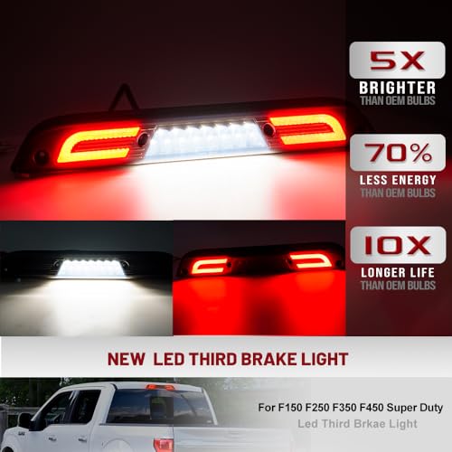 Mingrui test Led Third Brake Light for 15-20 F'ord F150 17-22 F250 F350 Super Duty Ranger Maverick Rear Center High Mount Stop Lamp CHMSL White Cargo lamp Strobe Feature 3rd Brake Replacement Smoked Lens - Image 2