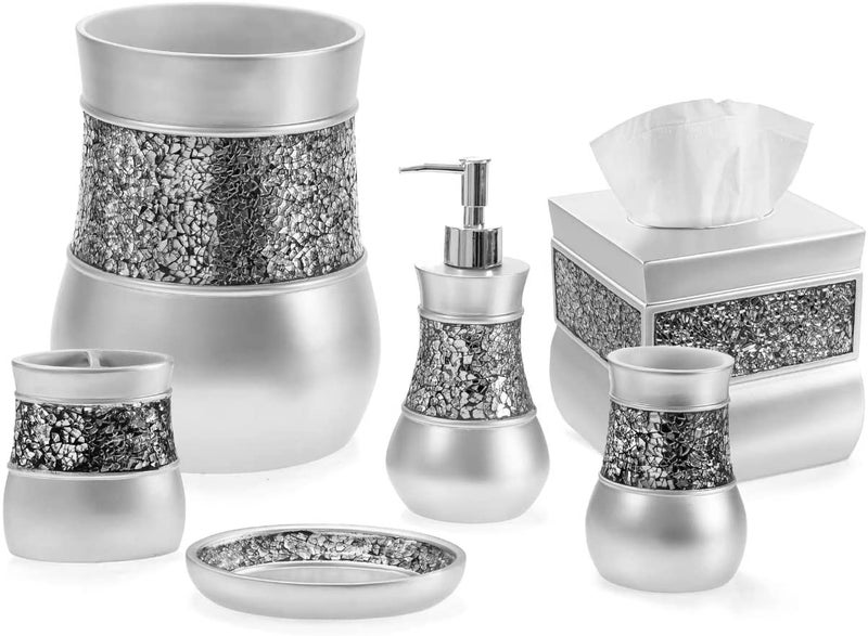 Creative Scents Creative Scents Crackled Glass Silver Bathroom Accessories Set Complete  6 Piece Bathroom Accessory Set Includes Trash Can Tissue Box Cover Soap Dispenser Toothbrush Holder Soap Dish  Tumbler 