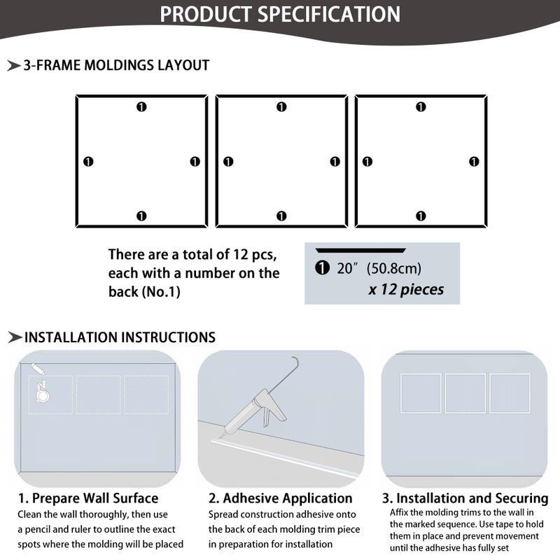 Lunghaa 3-Frame 20" x 20" Premade Accent Wall Molding Kit, Ready-to-Assemble Wainscoting Panels, Pre-Cut Chair Rail Moulding Trim Picture Frame for Home DÃ©cor - Image 3