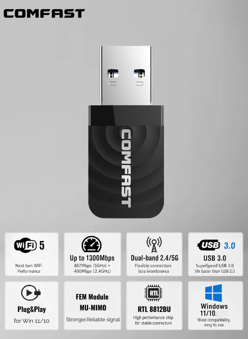 كومفاست 1300 ميجابت في الثانية محول واي فاي USB للكمبيوتر المكتبي والمحمول مع نطاق مزدوج 2.4 جيجاهرتز 5 جيجاهرتز، بطاقة شبكة لاسلكية AC1300 مضغوطة، وصلة واي فاي USB 3.0 صغيرة للألعاب والبث - COMFAST Realtek RTL8812BU - Image 3