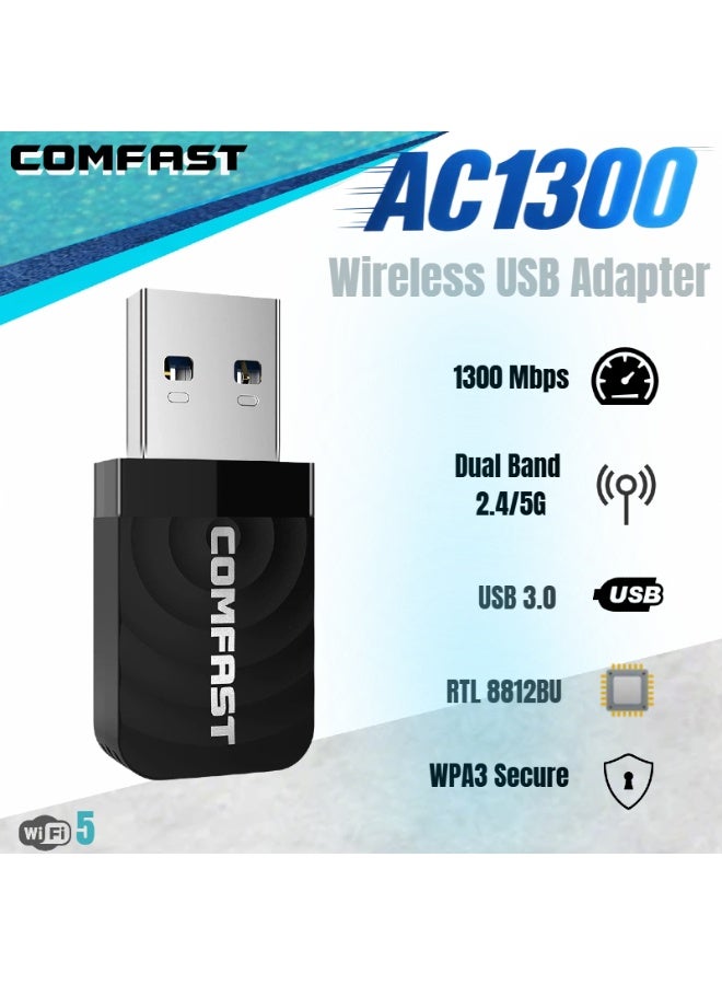 كومفاست 1300 ميجابت في الثانية محول واي فاي USB للكمبيوتر المكتبي والمحمول مع نطاق مزدوج 2.4 جيجاهرتز 5 جيجاهرتز، بطاقة شبكة لاسلكية AC1300 مضغوطة، وصلة واي فاي USB 3.0 صغيرة للألعاب والبث - COMFAST Realtek RTL8812BU - Image 1
