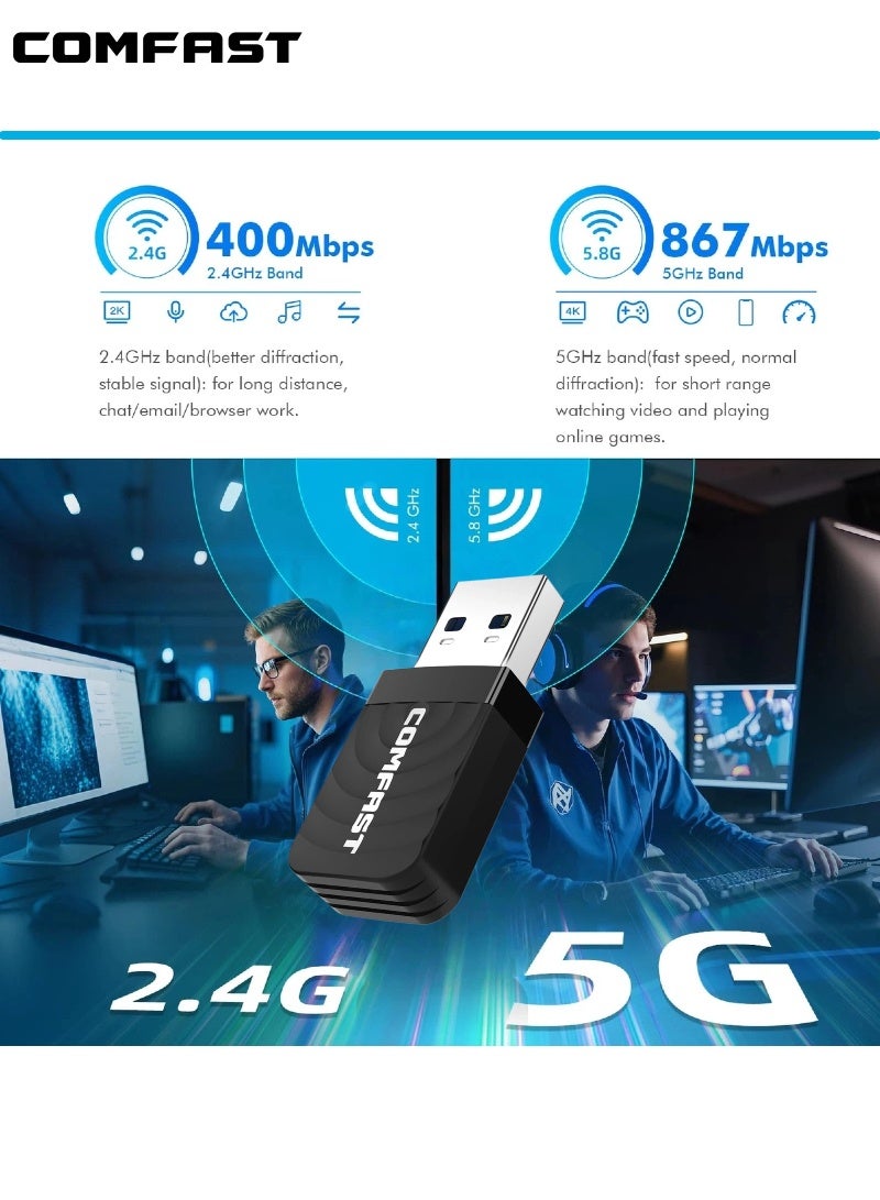 كومفاست 1300 ميجابت في الثانية محول واي فاي USB للكمبيوتر المكتبي والمحمول مع نطاق مزدوج 2.4 جيجاهرتز 5 جيجاهرتز، بطاقة شبكة لاسلكية AC1300 مضغوطة، وصلة واي فاي USB 3.0 صغيرة للألعاب والبث - COMFAST Realtek RTL8812BU - Image 4