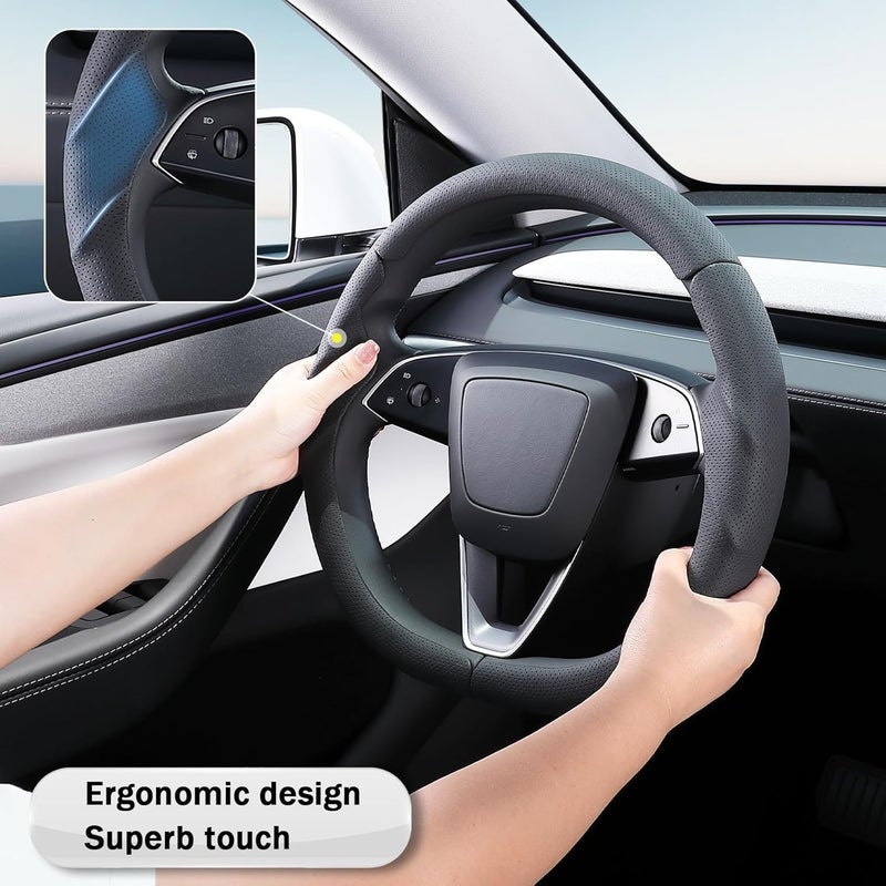Aotoyou غطاء عجلة القيادة لطراز تسلا Model 3 من عام 2024 حتى الآن، موديل Highland/Tesla Model Y Juniper من عام 2025 حتى الآن، غطاء عجلة قيادة من الجلد لطراز تسلا Model 3 موديل Highland/Y Juniper، باللون الأسود - Image 4