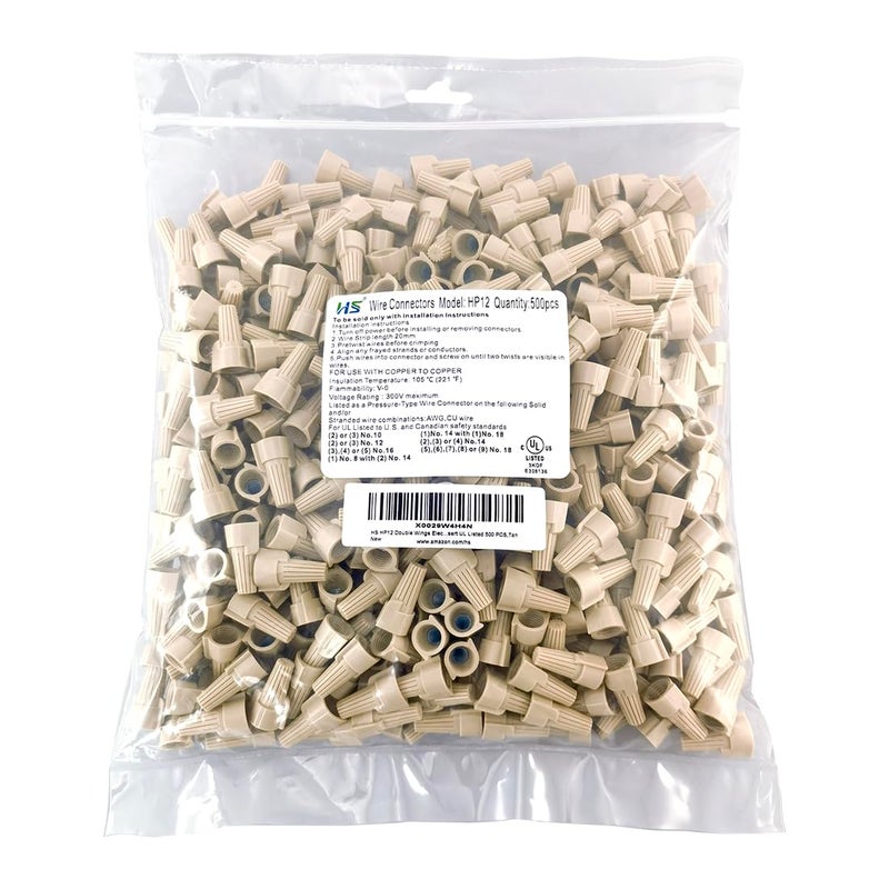 HS UL Listed Tan Winged Electrical Wire End Connectors Caps Bulk 500 Pack Small Twist-on Wire Connectors Nuts 22-8 AWG,HS P12 Type Screw Terminals - Image 4