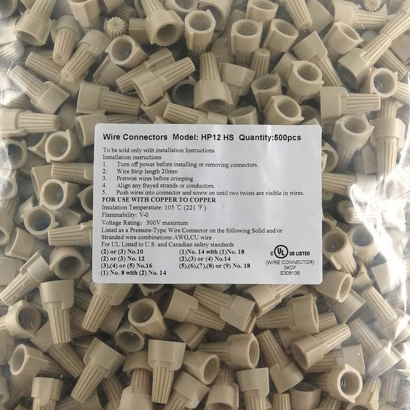 HS UL Listed Tan Winged Electrical Wire End Connectors Caps Bulk 500 Pack Small Twist-on Wire Connectors Nuts 22-8 AWG,HS P12 Type Screw Terminals - Image 5