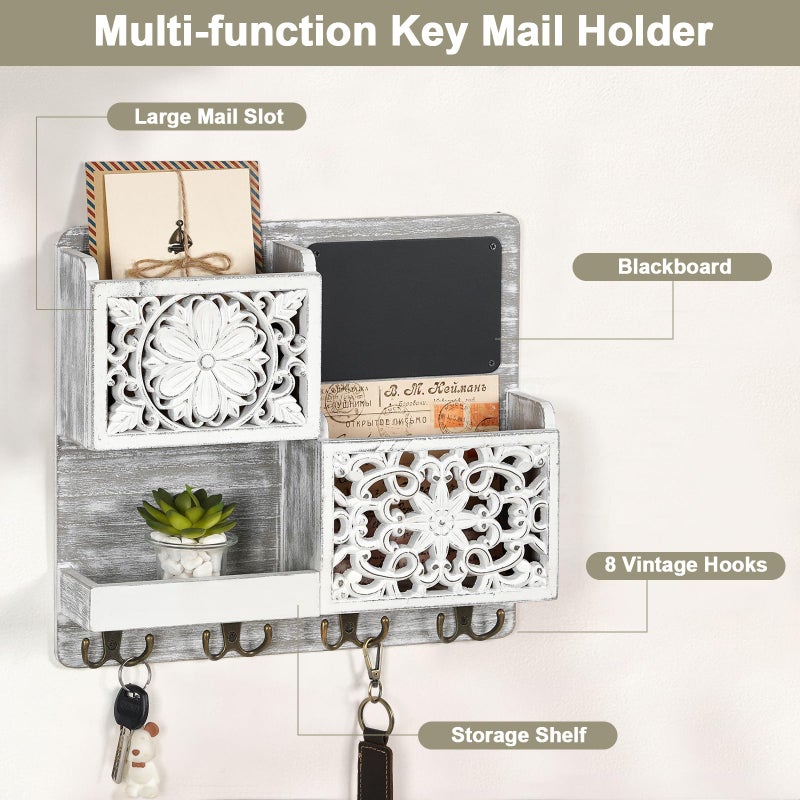 Dhmkfly Mail Organizer Wall Mounted, 2 Slots Key Holder for Wall with 8 Hooks, Rustic Wood Key Rack with Shelf for Entryway Hallwall Farmhouse - Image 3