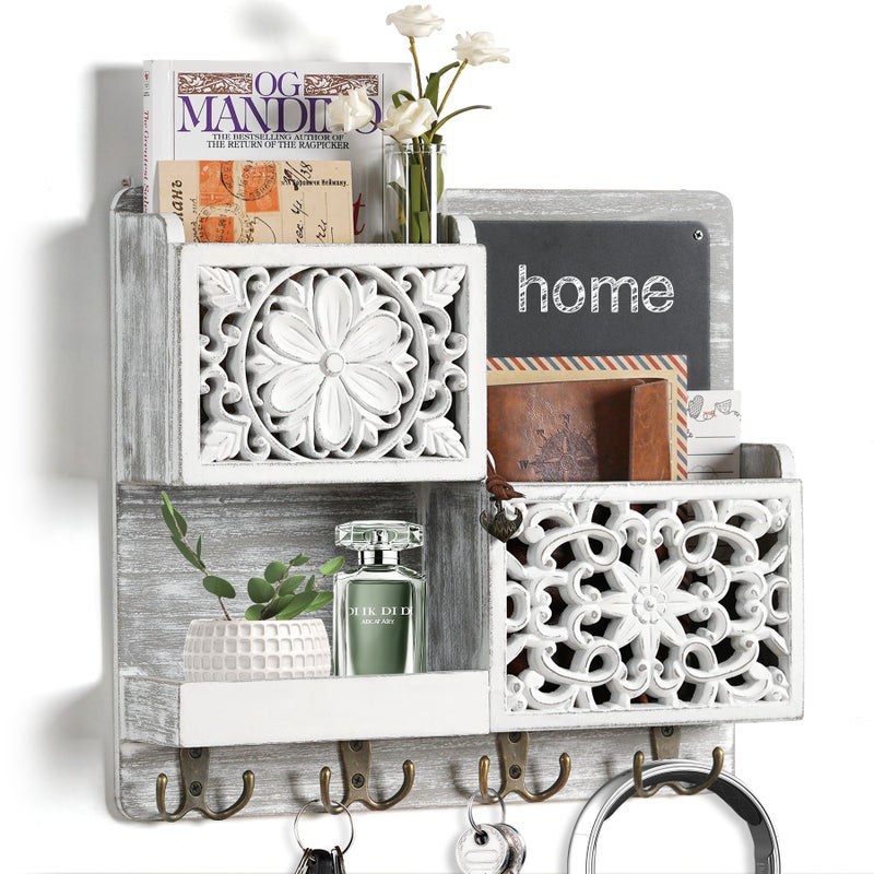 Dhmkfly Mail Organizer Wall Mounted, 2 Slots Key Holder for Wall with 8 Hooks, Rustic Wood Key Rack with Shelf for Entryway Hallwall Farmhouse - Image 1