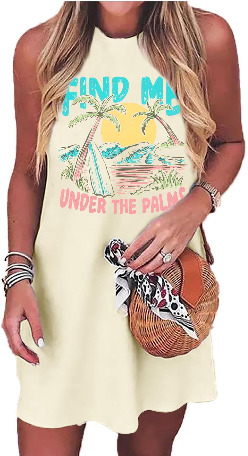 MYHALF Womens Summer Tank Dress Sleeveless Beach Sundress Mini Graphic T Dress Cover Ups Short Casual Sun Dresses Beige - Image 1