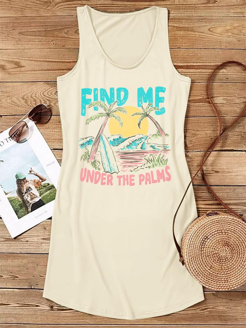 MYHALF Womens Summer Tank Dress Sleeveless Beach Sundress Mini Graphic T Dress Cover Ups Short Casual Sun Dresses Beige - Image 3