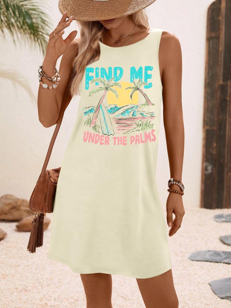 MYHALF Womens Summer Tank Dress Sleeveless Beach Sundress Mini Graphic T Dress Cover Ups Short Casual Sun Dresses Beige - Image 4