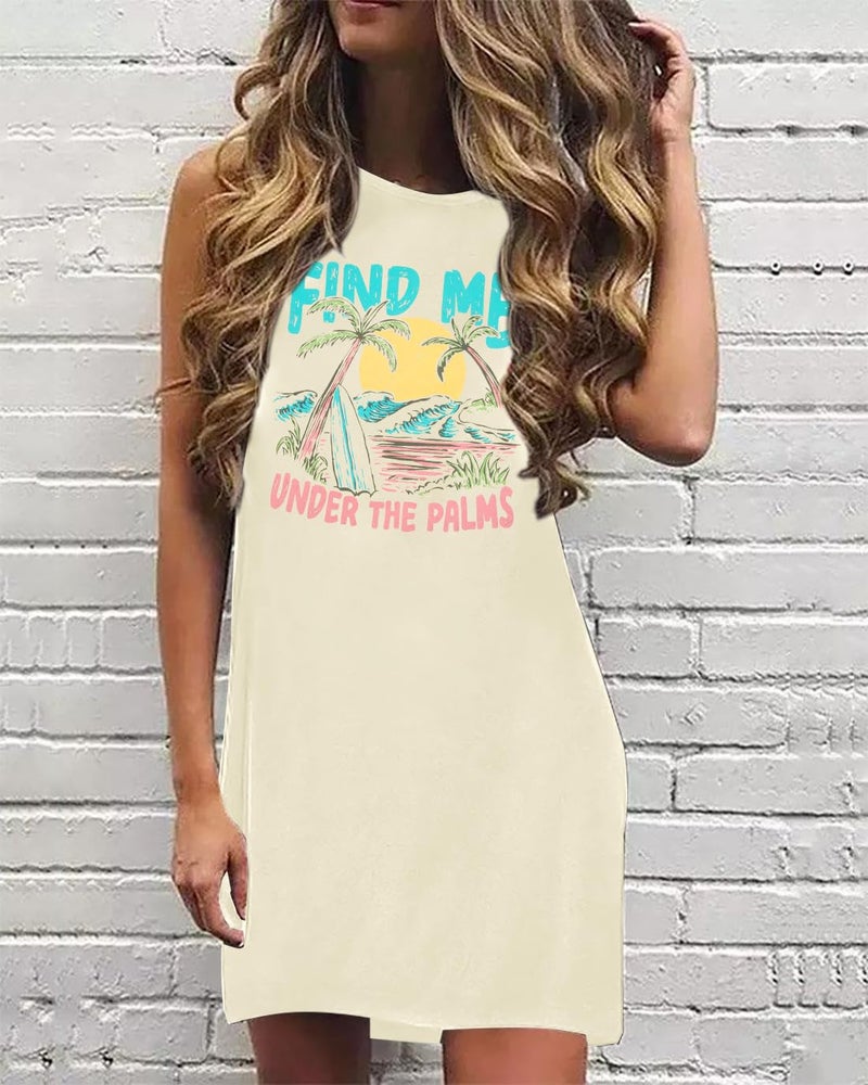 MYHALF Womens Summer Tank Dress Sleeveless Beach Sundress Mini Graphic T Dress Cover Ups Short Casual Sun Dresses Beige - Image 2