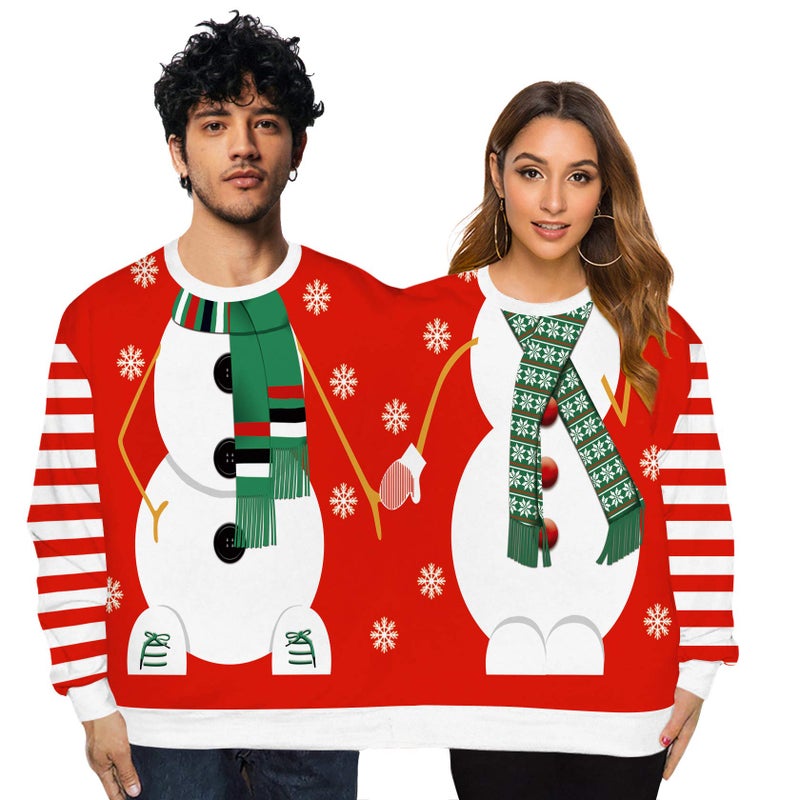 GRAJTCIN Mens and Womens Two Person Ugly Christmas Sweater 3D Printed Couple Conjoined Twin SweatshirtSM Snowman
