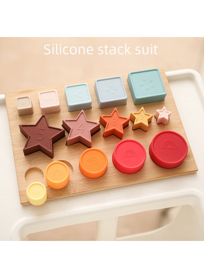 Nordic Toy Baby Early Education Stereo Silicone Puzzle Cartoon Geometric Baby Intelligence Development Thickened Building Blocks Puzzle-Color:Stacked Three-piece Set (without Drawing Board) - Image 3