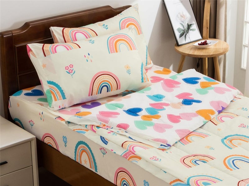 NTBED Rainbow Printed Zipper Bedding Sets Twin Lightweight Microfiber Heart Comforter Set with Fitted Sheet Pillow Covers,Beige - Image 1