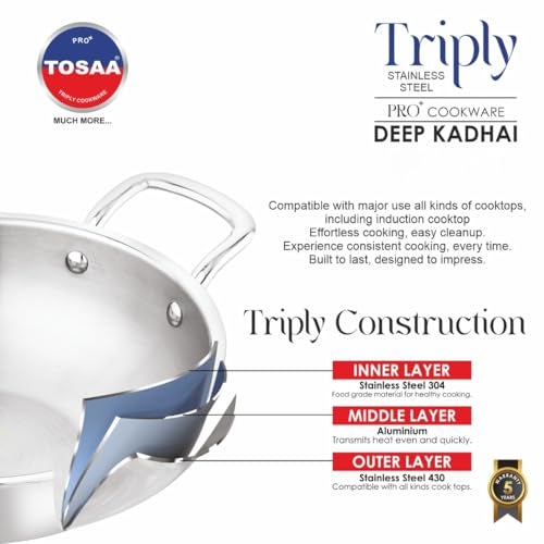 Tosaa Triply Stainless Steel 26 cm Kadai/Indian Wok|Even Heat Distribution| Consumes Less Oil|Easy to Clean|Gas Stove Compatible - 2650 ml - Image 4