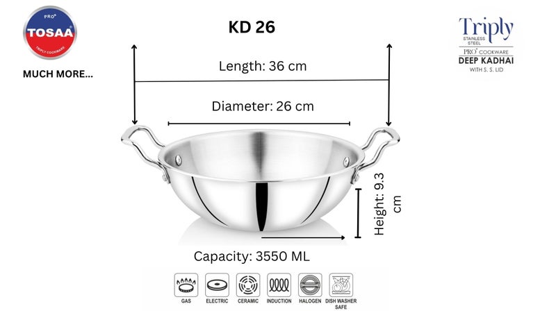 Tosaa Triply Stainless Steel 26 cm Kadai/Indian Wok|Even Heat Distribution| Consumes Less Oil|Easy to Clean|Gas Stove Compatible - 2650 ml - Image 2