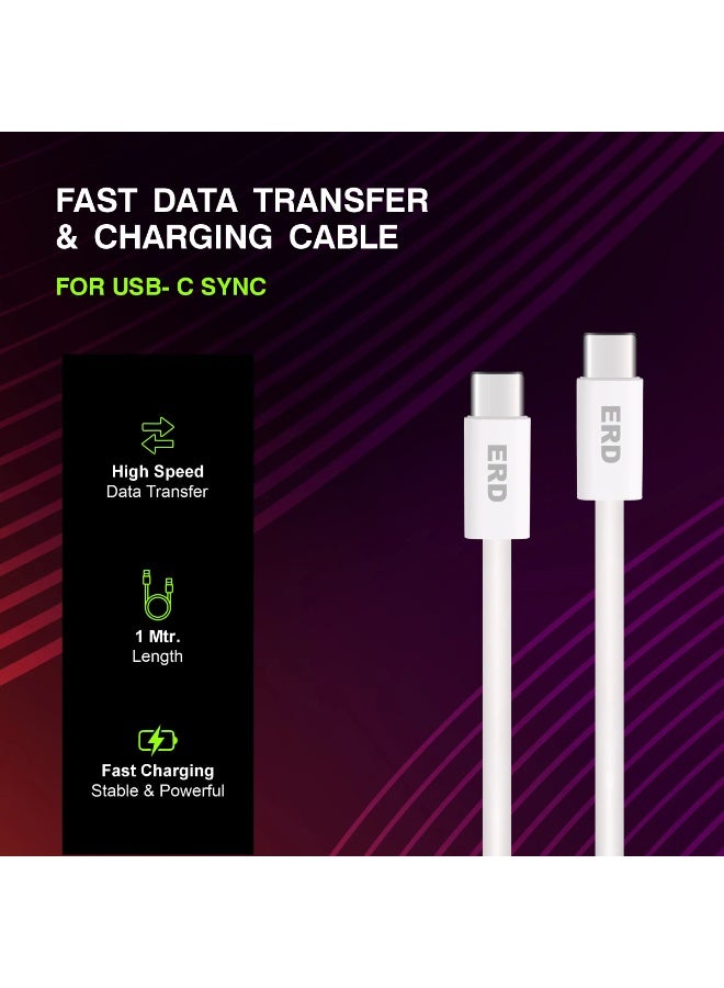 ERD كابل شحن سريع ومزامنة بيانات USB-C إلى USB-C ERD UCE-721 بقوة 60 واط - كابل متين بطول 1 متر، متوافق مع آيفون 15، ماك بوك، لابتوبات، أجهزة لوحية، وجميع أجهزة Type-C (أبيض) - Image 1