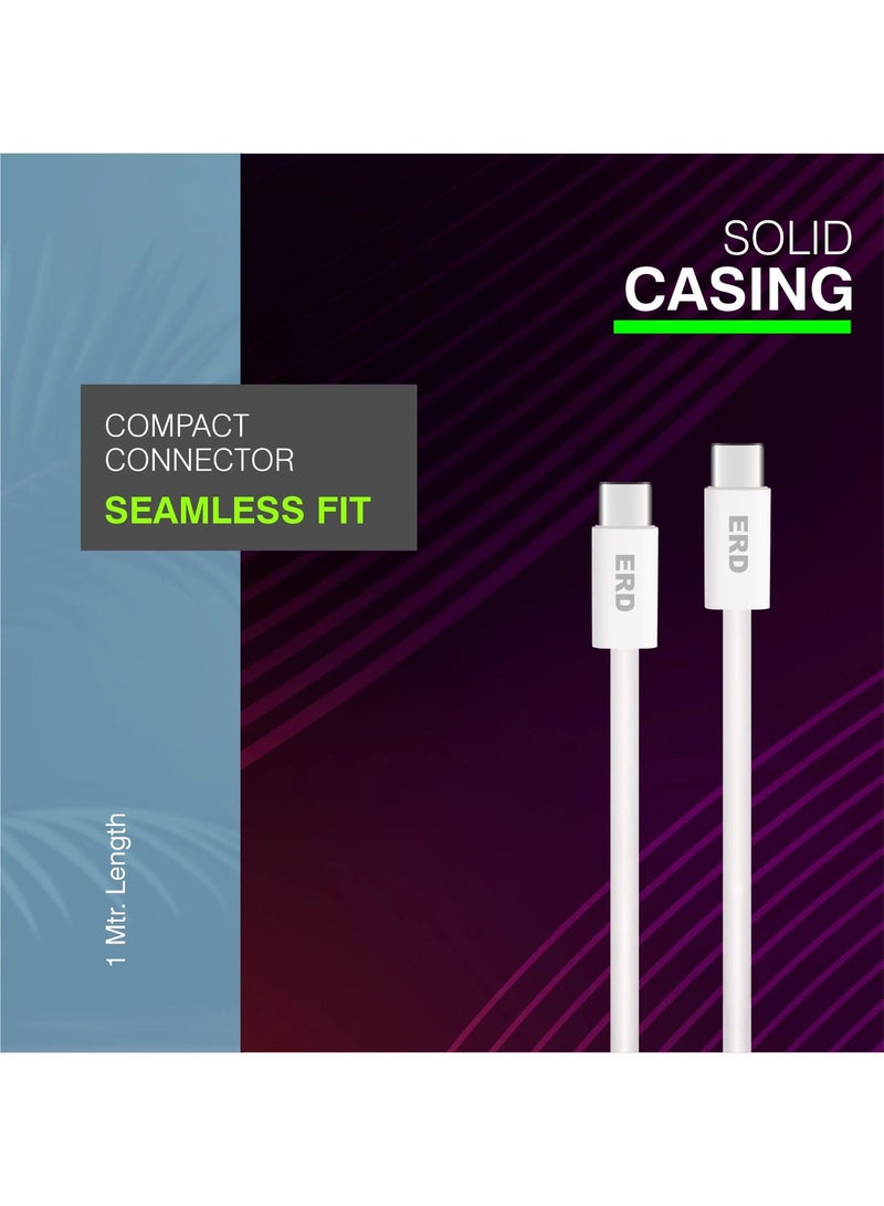 ERD كابل شحن سريع ومزامنة بيانات USB-C إلى USB-C ERD UCE-721 بقوة 60 واط - كابل متين بطول 1 متر، متوافق مع آيفون 15، ماك بوك، لابتوبات، أجهزة لوحية، وجميع أجهزة Type-C (أبيض) - Image 3