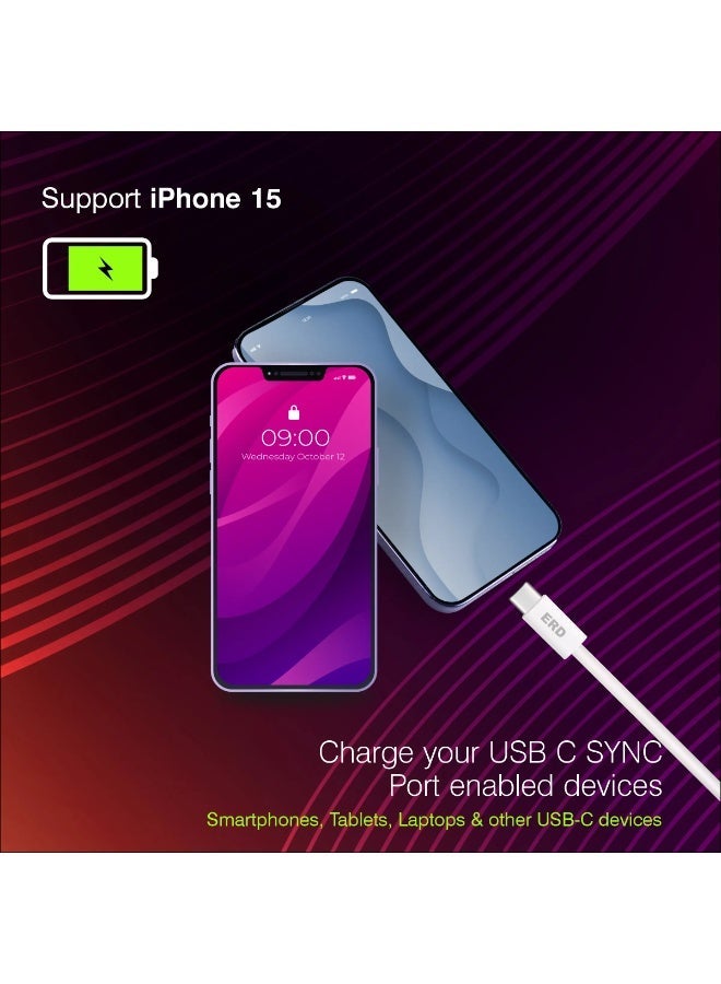 ERD كابل شحن سريع ومزامنة بيانات USB-C إلى USB-C ERD UCE-721 بقوة 60 واط - كابل متين بطول 1 متر، متوافق مع آيفون 15، ماك بوك، لابتوبات، أجهزة لوحية، وجميع أجهزة Type-C (أبيض) - Image 4