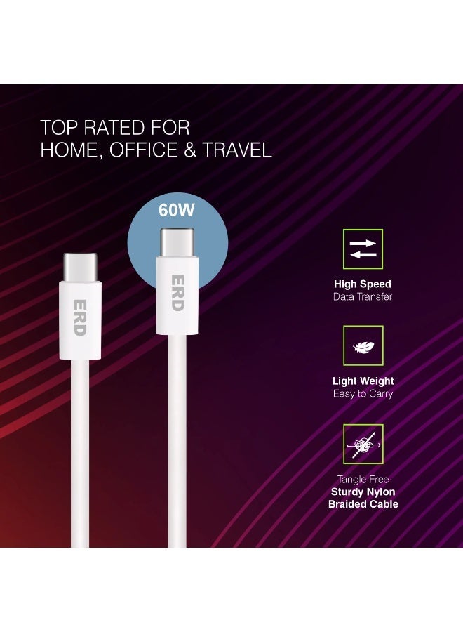 ERD كابل شحن سريع ومزامنة بيانات USB-C إلى USB-C ERD UCE-721 بقوة 60 واط - كابل متين بطول 1 متر، متوافق مع آيفون 15، ماك بوك، لابتوبات، أجهزة لوحية، وجميع أجهزة Type-C (أبيض) - Image 5