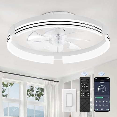 ZMISHIBO Low Profile Ceiling Fans with Lights and Remote, 20 Inch Flush Mount Ceiling Fan with Light, 3000K-6000K Dimmable Fandelier LED Fan Light, 6 Wind Speeds White Ceiling Fans for Bedroom - Image 1