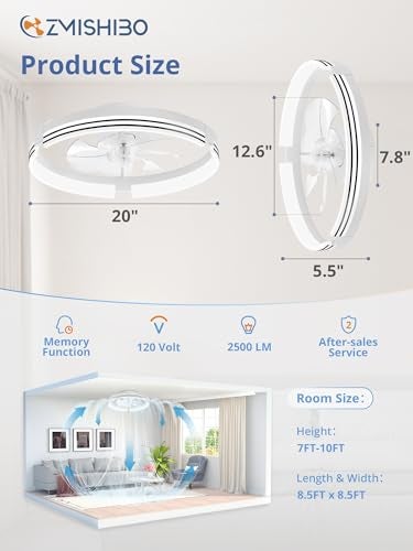 ZMISHIBO Low Profile Ceiling Fans with Lights and Remote, 20 Inch Flush Mount Ceiling Fan with Light, 3000K-6000K Dimmable Fandelier LED Fan Light, 6 Wind Speeds White Ceiling Fans for Bedroom - Image 5
