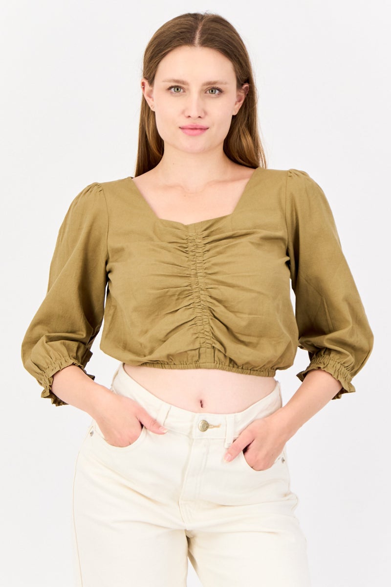 ONLY Women Square Neck  Long Sleeves Solid Blouse, Olive - Image 1