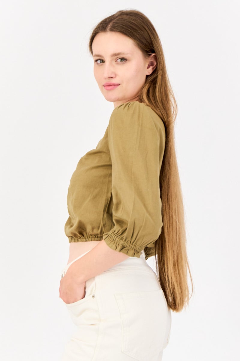 ONLY Women Square Neck  Long Sleeves Solid Blouse, Olive - Image 2