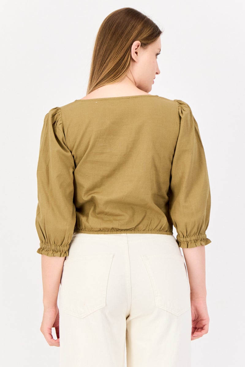 ONLY Women Square Neck  Long Sleeves Solid Blouse, Olive - Image 3